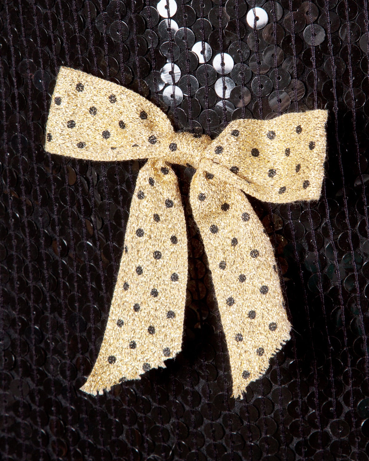 Donna Jeanette Kastenberg, vestito vintage di paillettes nere con fiocchi d'oro metallici in vendita