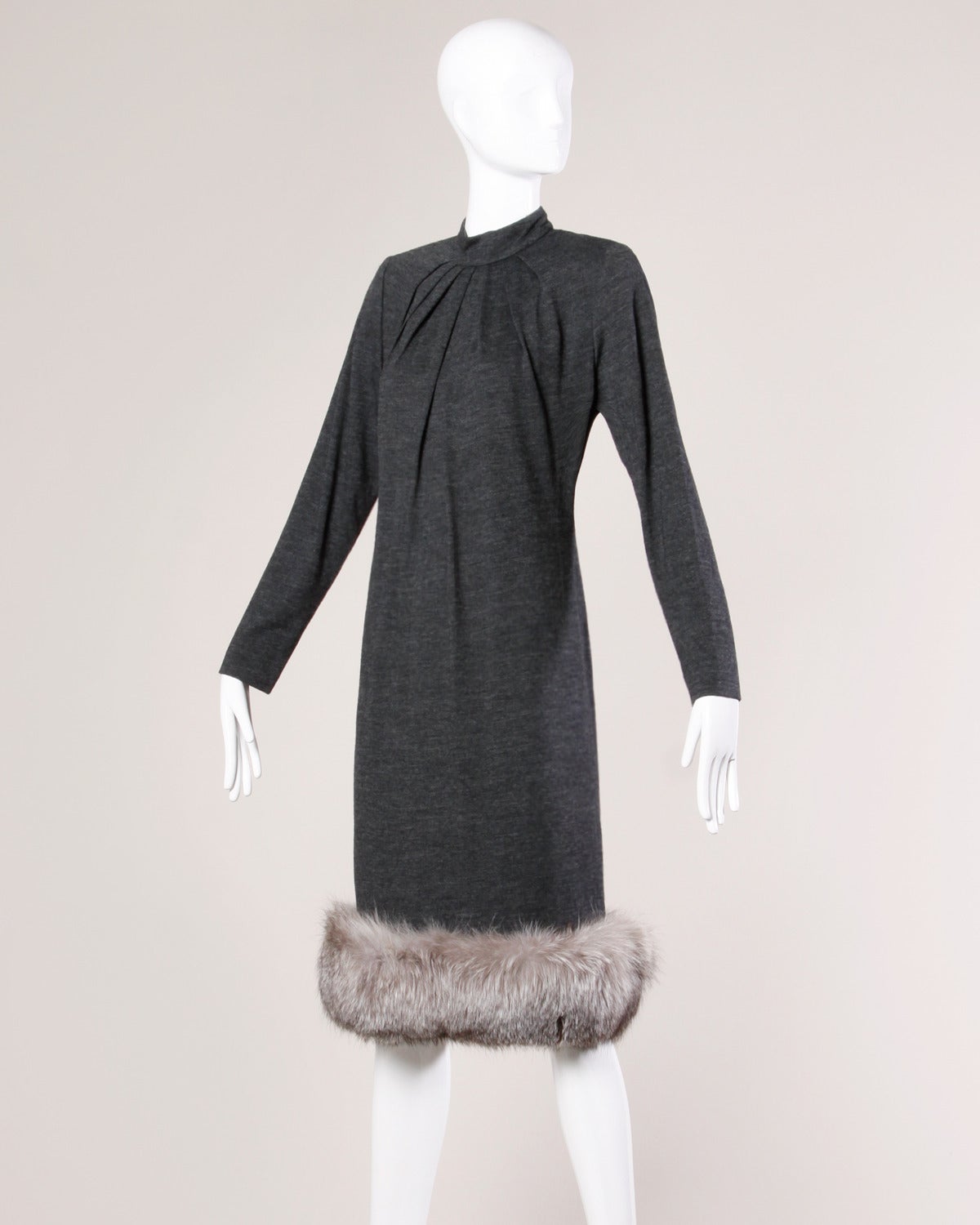 Victor Costa for Saks Fifth Avenue Vintage Wool Dress with Fox Fur Trim ...