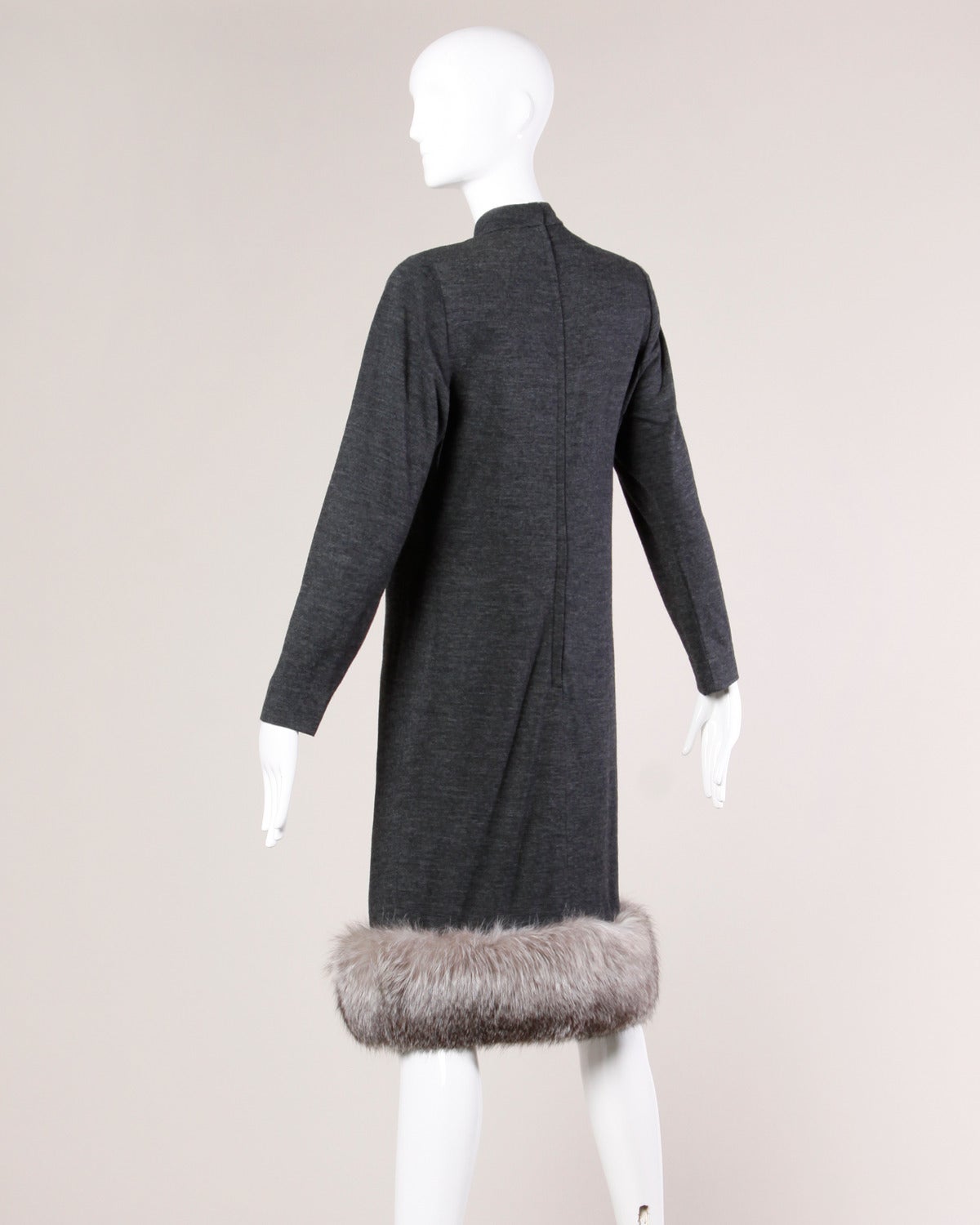 Black Victor Costa for Saks Fifth Avenue Vintage Wool Dress with Fox Fur Trim