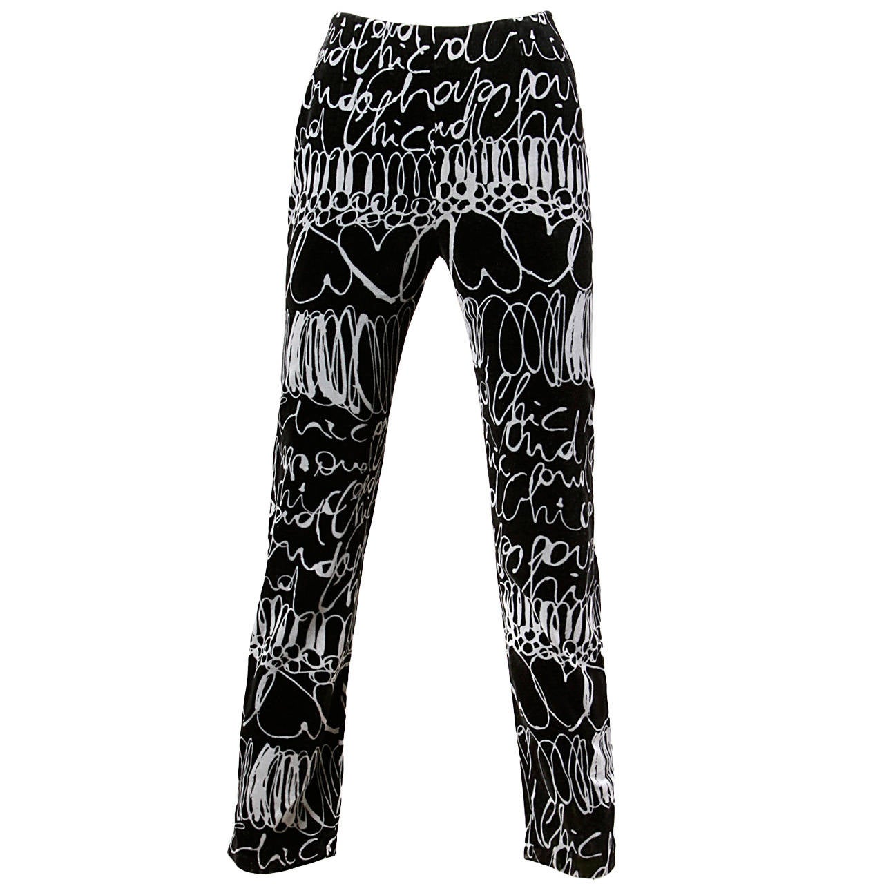 Moschino Vintage 1990s 90s Velour "Cheap & Chic" Scribble Print Pants For Sale