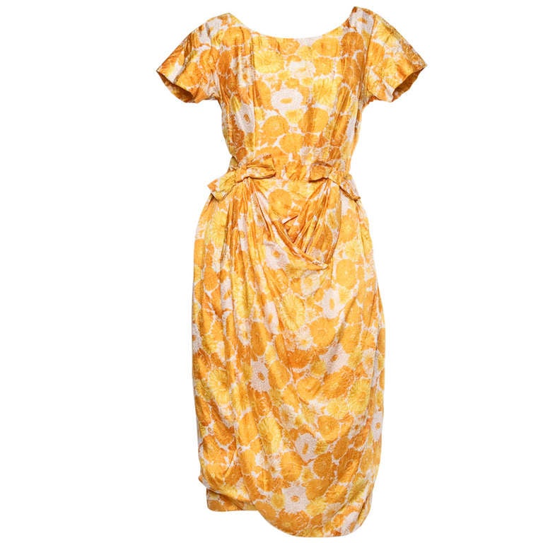 Vintage 1960s 60s Silk Floral Print Yellow Orange Cocktail Dress