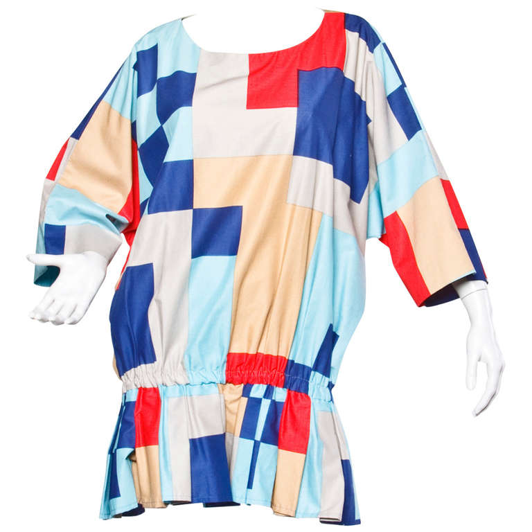 Marimekko Vintage 1980s 80s Textile Print Color Block Avant Garde Batwing Dress For Sale