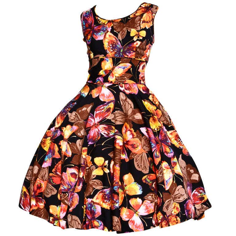 Vintage 1950s 50s Unique + Colorful Butterfly Print Full Sweep Dress at ...
