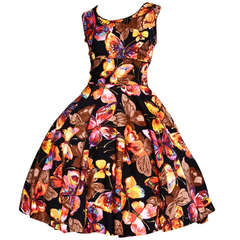 Vintage 1950s 50s Unique + Colorful Butterfly Print Full Sweep Dress