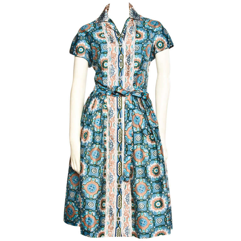 Vintage 1960s 60s Silk Art Deco Screen Print Pleated Shirt Dress
