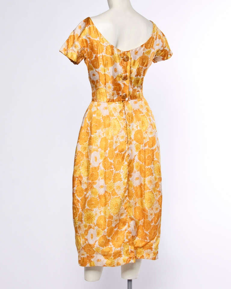 Vintage 1960s 60s Silk Floral Print Yellow Orange Cocktail Dress In Good Condition In Sparks, NV