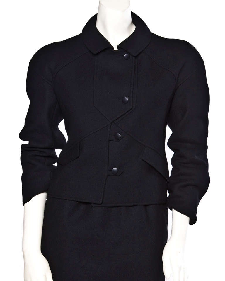 Courreges Vintage Black Wool Mod Jacket + Skirt 2-Piece Suit Set Ensemble In Excellent Condition In Sparks, NV