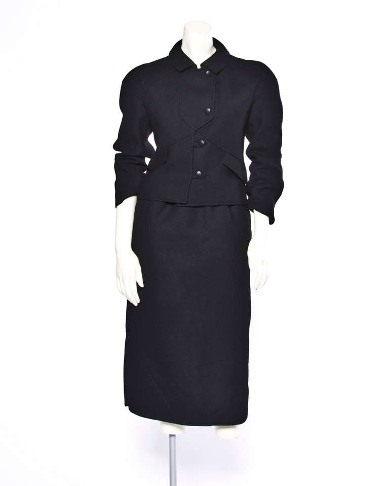 Courreges Vintage Black Wool Mod Jacket + Skirt 2-Piece Suit Set Ensemble 1