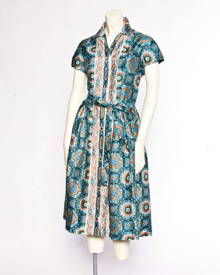 Women's Vintage 1960s 60s Silk Art Deco Screen Print Pleated Shirt Dress