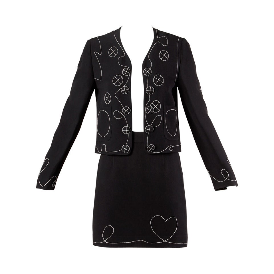 Moschino Vintage 1990s 90s Stitched Heart Jacket + Skirt Suit Ensemble