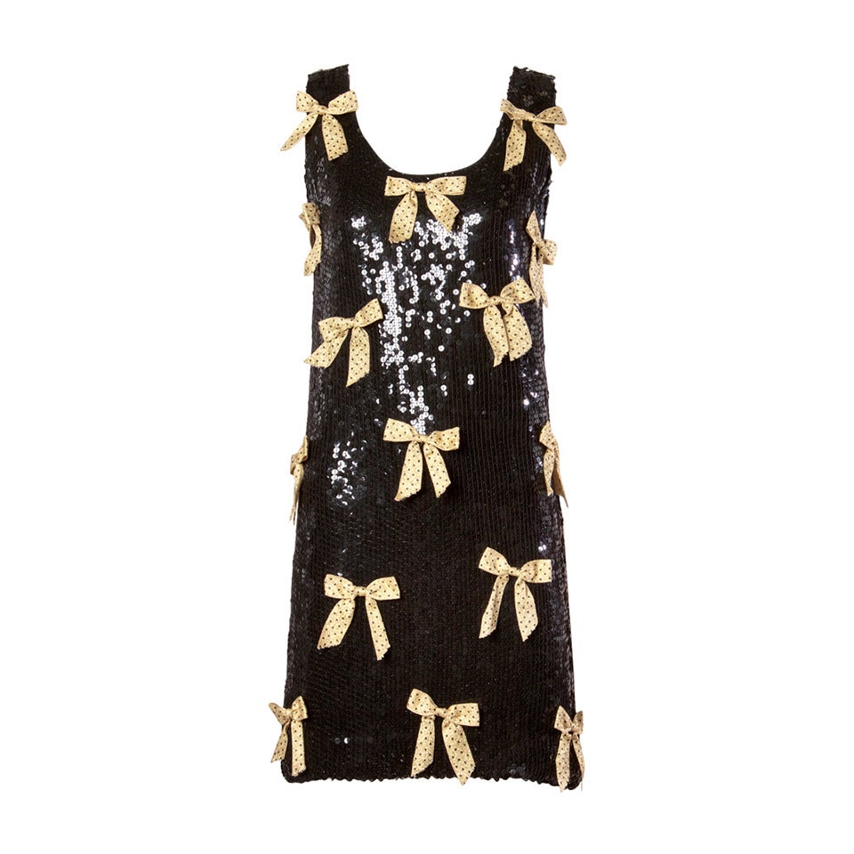 Jeanette Kastenberg Vintage Black Sequin Shift Dress with Metallic Gold Bows For Sale