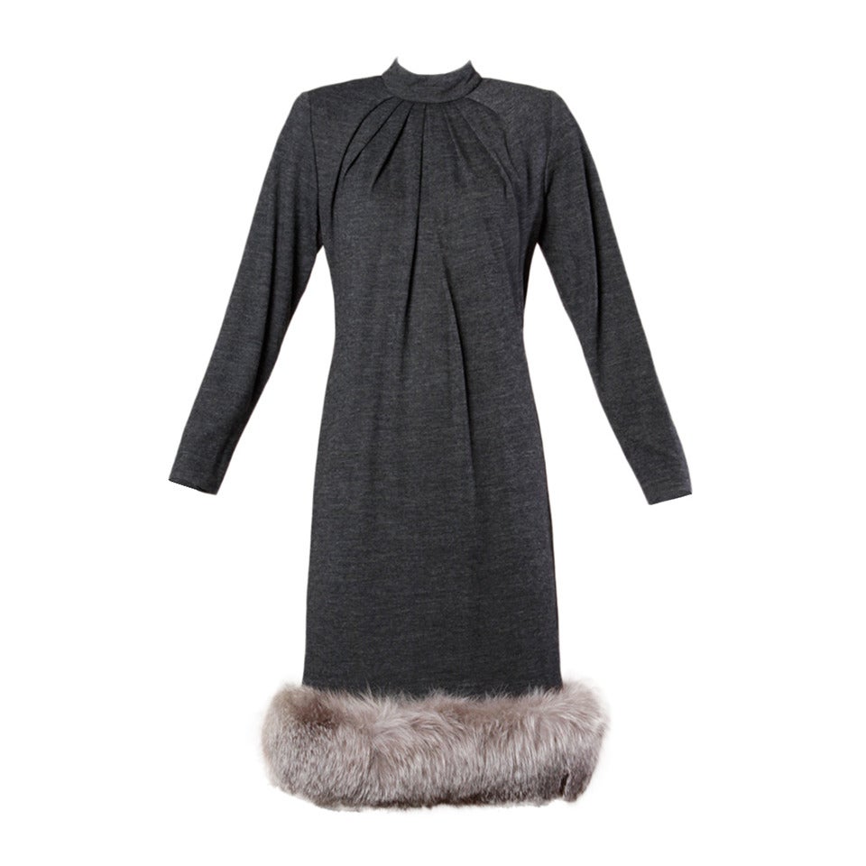 Victor Costa for Saks Fifth Avenue Vintage Wool Dress with Fox Fur Trim