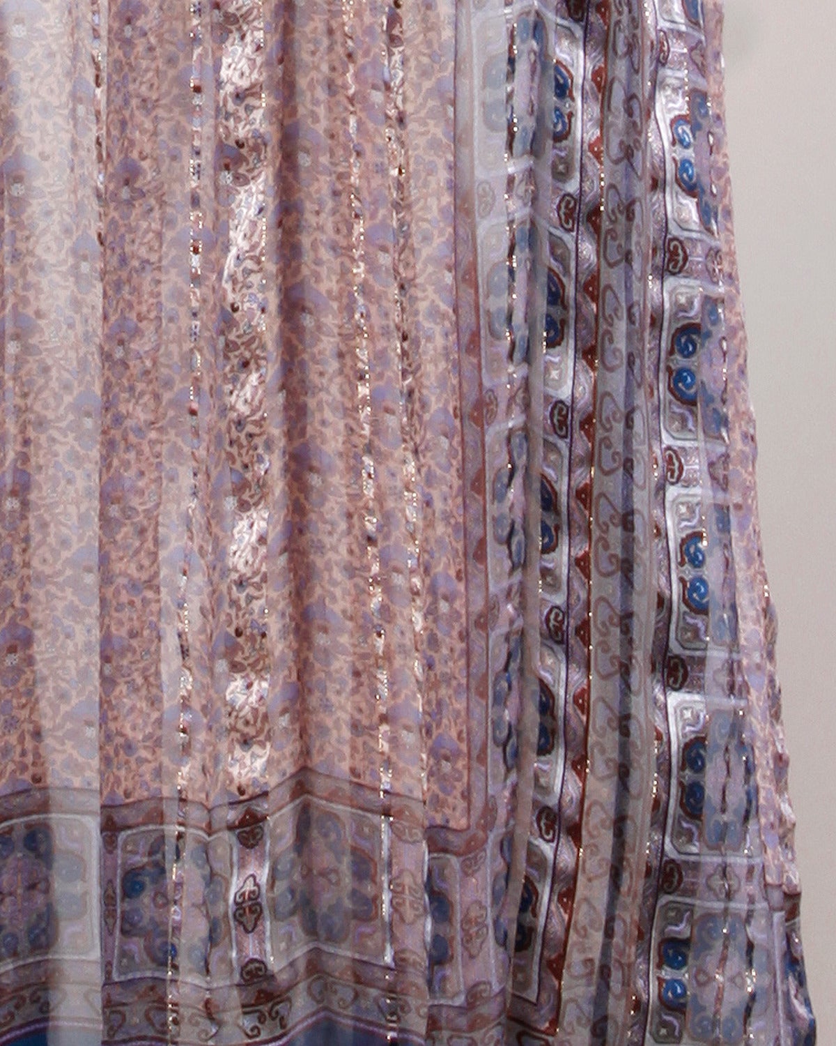 100% Silk Vintage 1970s Metallic Indian Print Maxi Dress with Kimono Sleeves 1