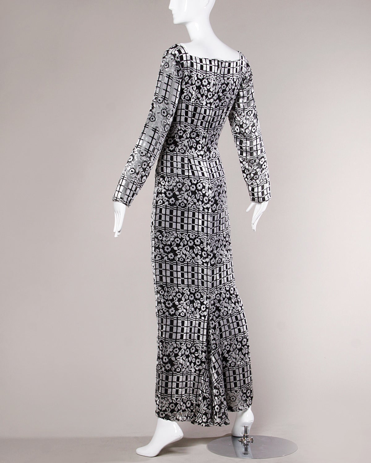 Gray 1970s Vintage Sheer Floral Burnout Velvet Maxi Dress