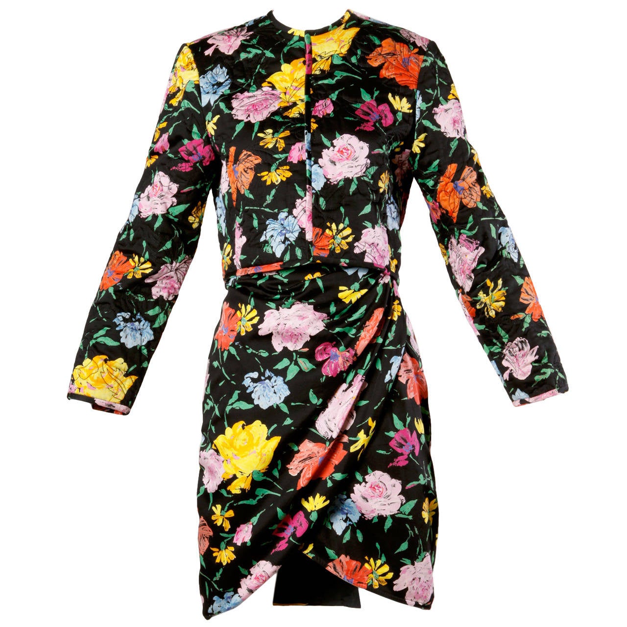 Emanuel Ungaro Vintage Floral Print Quilted Jacket + Skirt Suit Ensemble