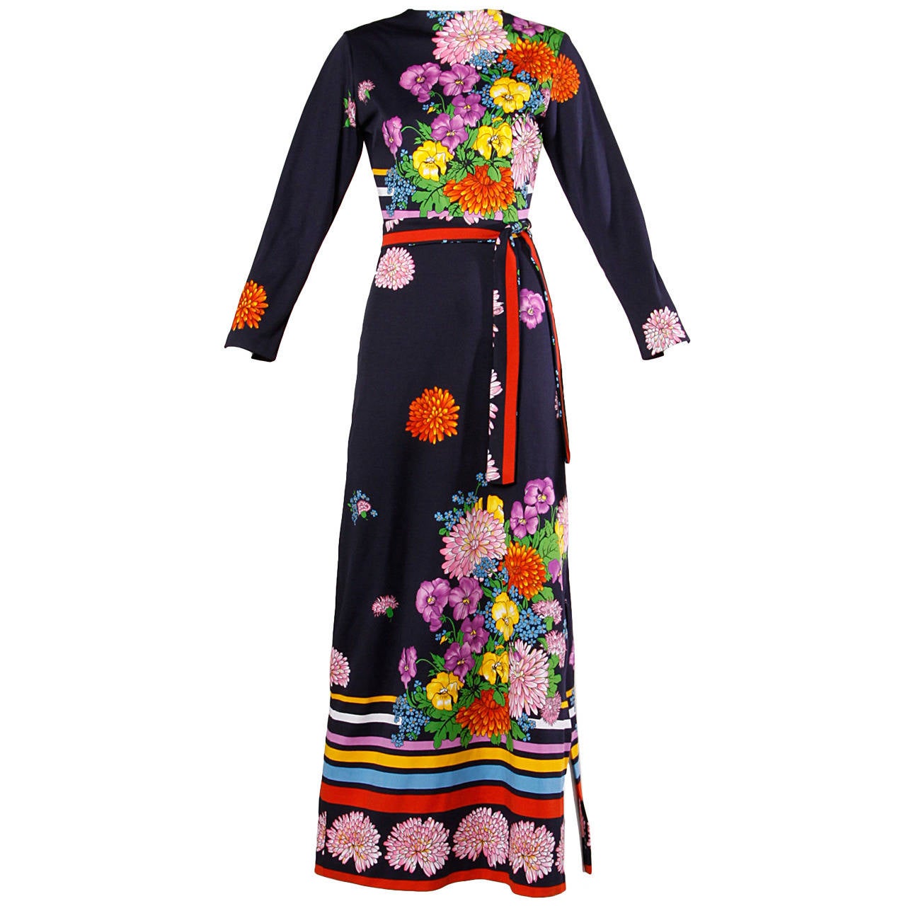 Signed Aremis Vintage 1970s Floral + Striped Print Maxi Dress