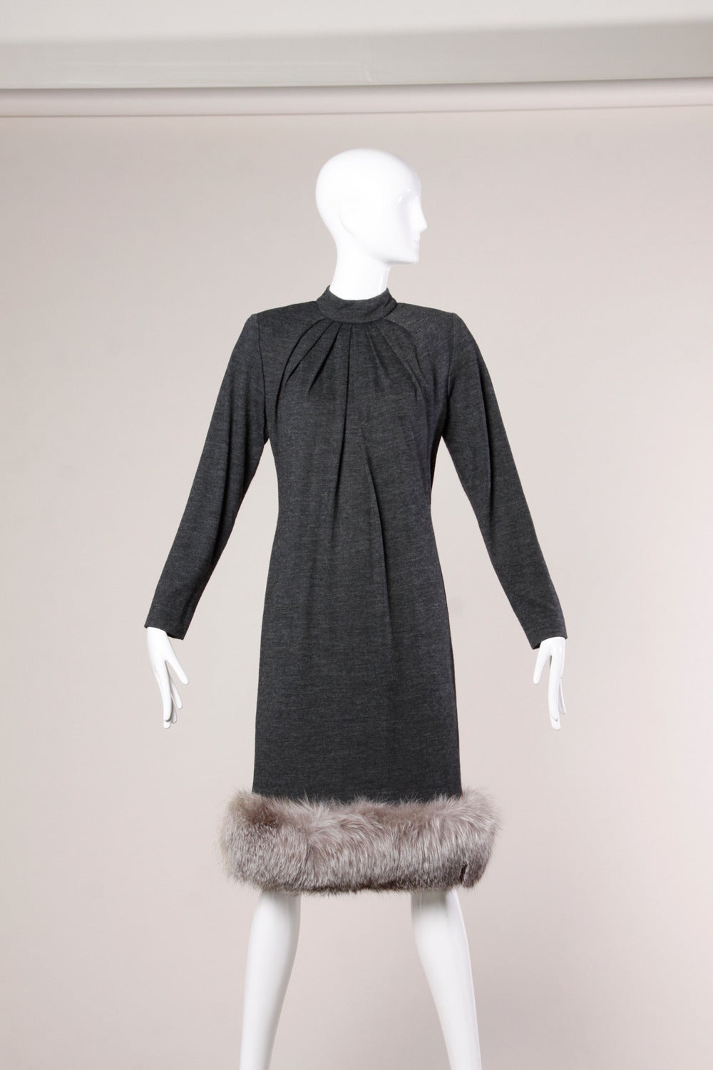 Women's Victor Costa for Saks Fifth Avenue Vintage Wool Dress with Fox Fur Trim