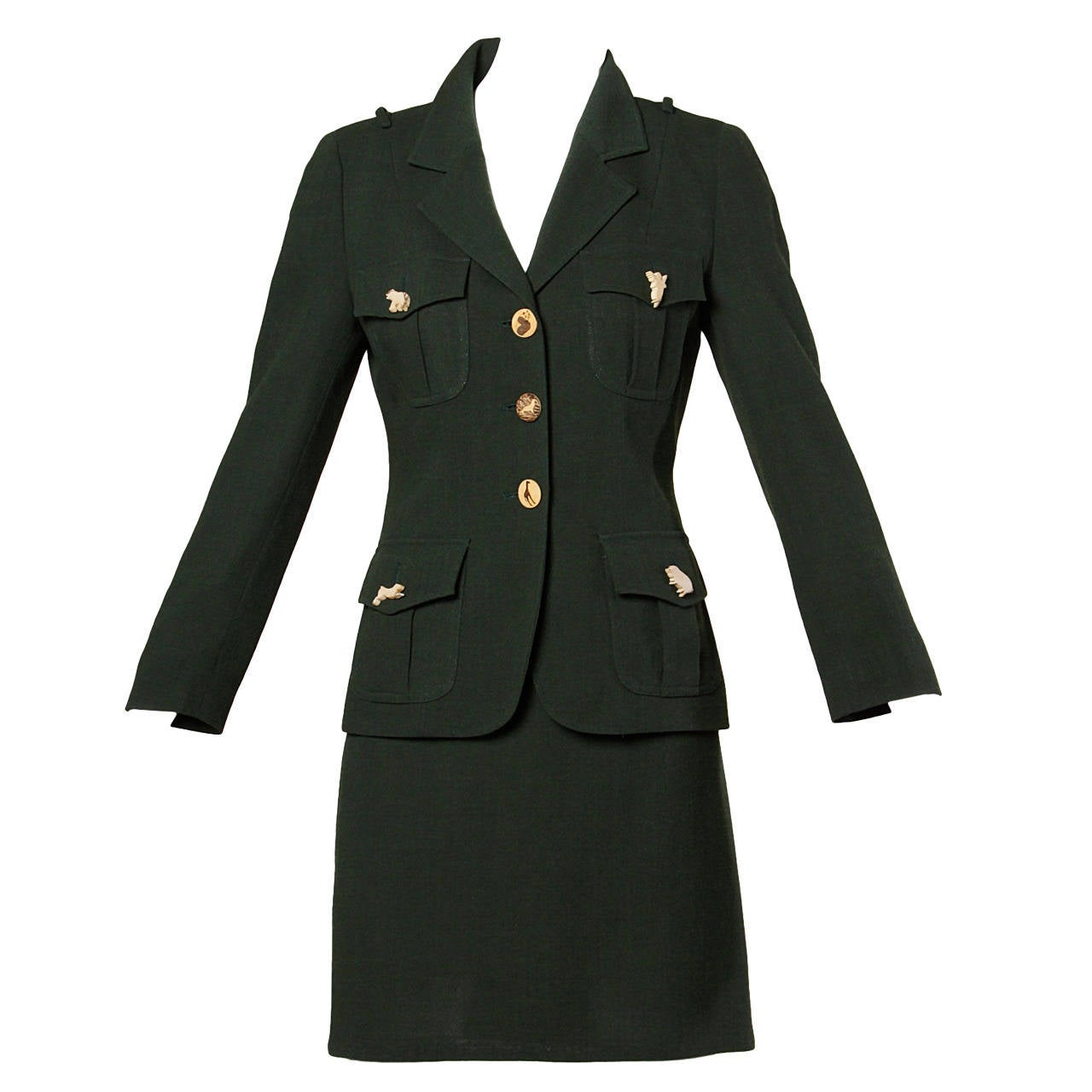 Moschino Vintage "Full Nature Jacket" Skirt Suit with Carved Animal Buttons For Sale