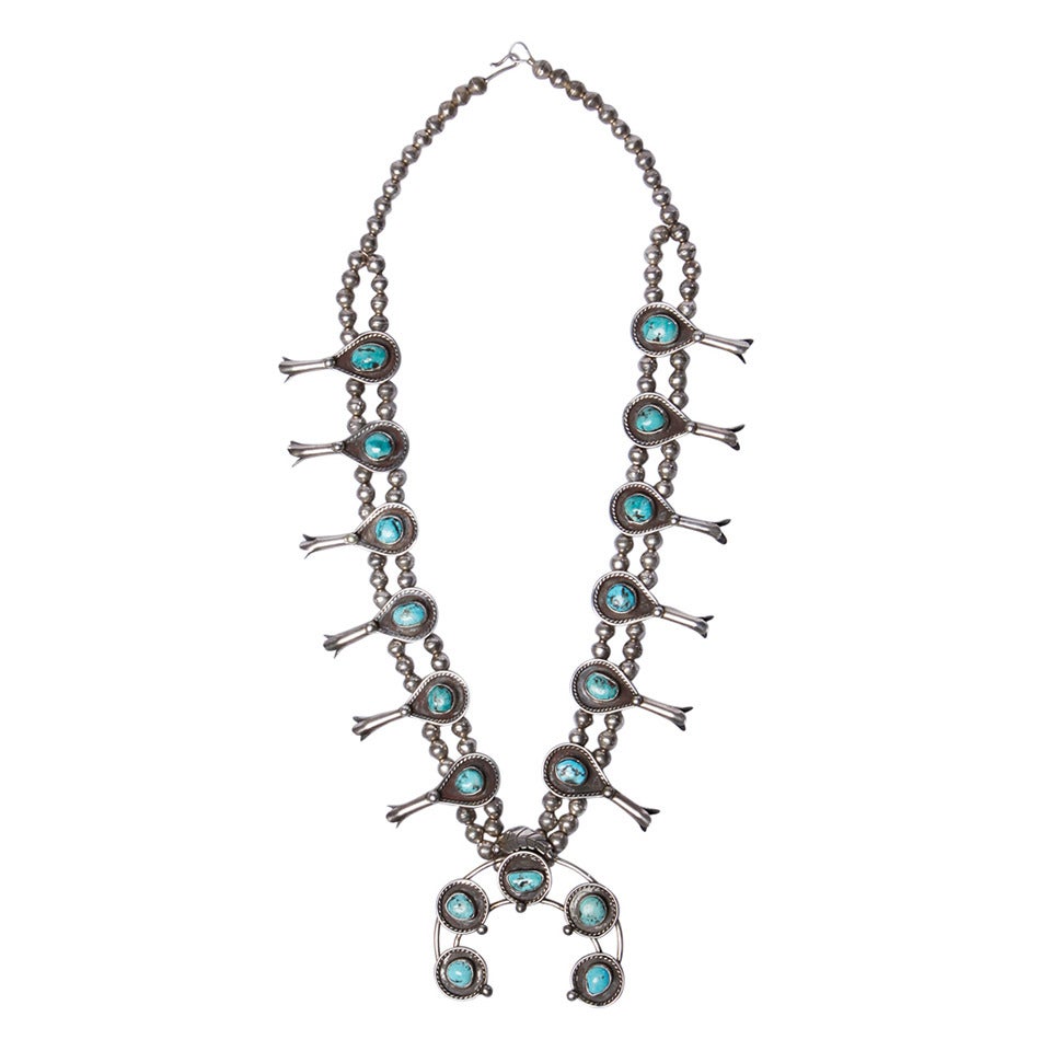 Massive Vintage Old Pawn Sterling Silver + Turquoise Squash Blossom Necklace For Sale