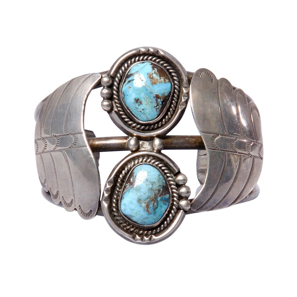 Extraordinary Navajo Vintage Old Pawn Sterling + Turquoise Cuff Bracelet