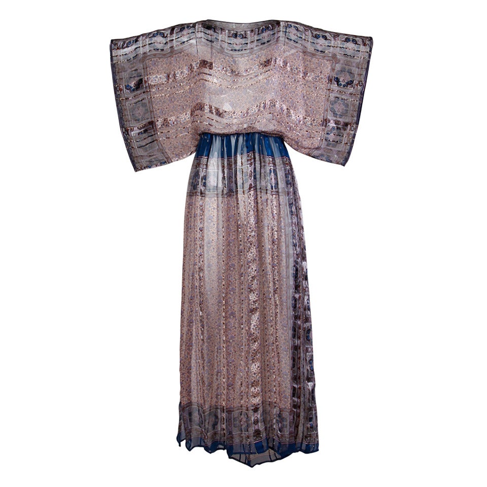 100% Silk Vintage 1970s Metallic Indian Print Maxi Dress with Kimono Sleeves