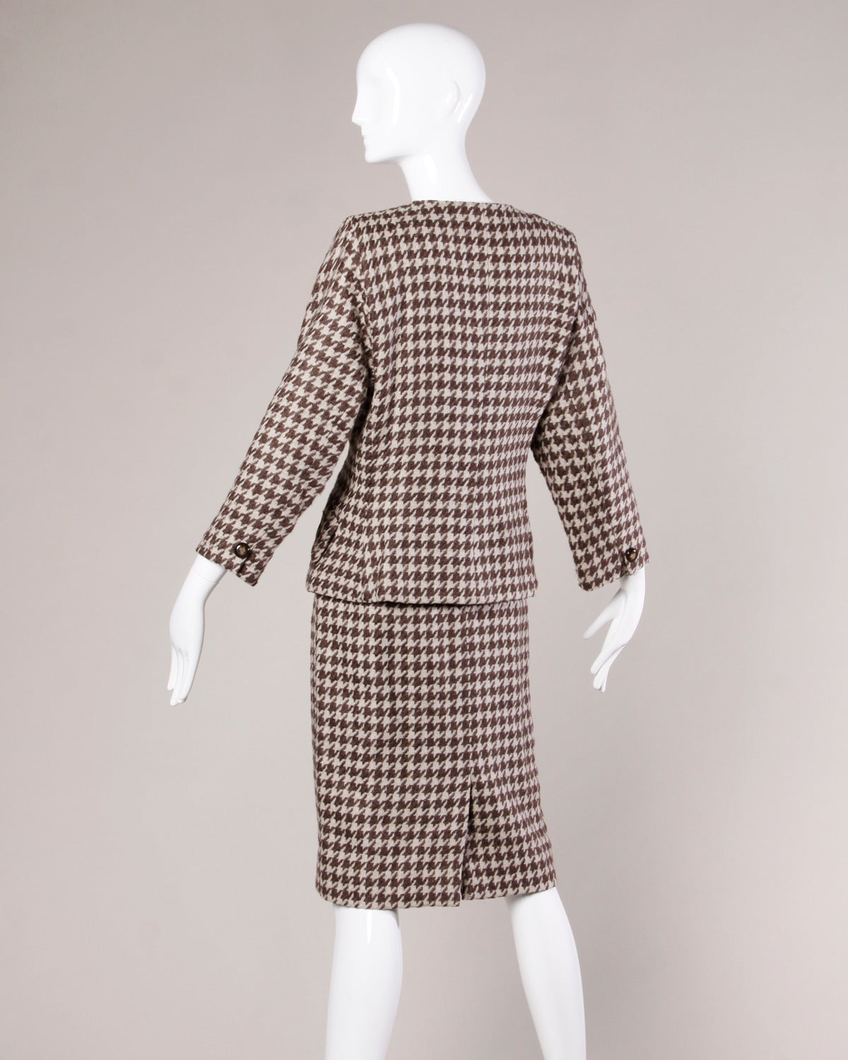 Dior Vintage Brown Houndstooth Jacket + Skirt Suit Ensemble In Excellent Condition In Sparks, NV