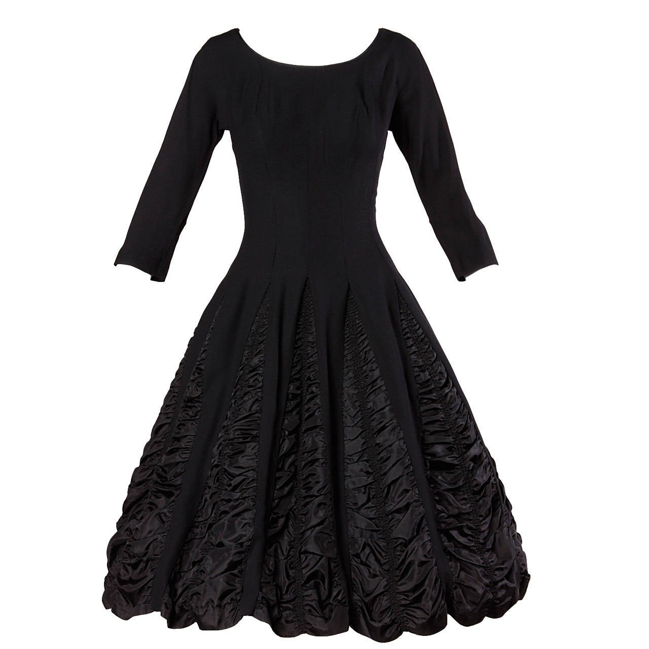 1950s Vintage Black Ruched Full Sweep Cocktail Dress