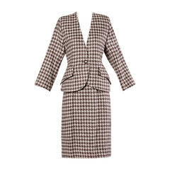 Dior Vintage Brown Houndstooth Jacket + Skirt Suit Ensemble
