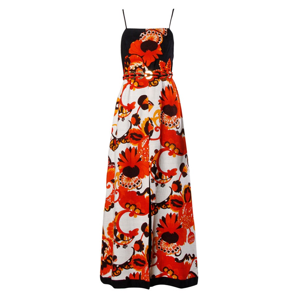 Jacques Reval 1970s Vintage Couture Floral Maxi Dress + Belt