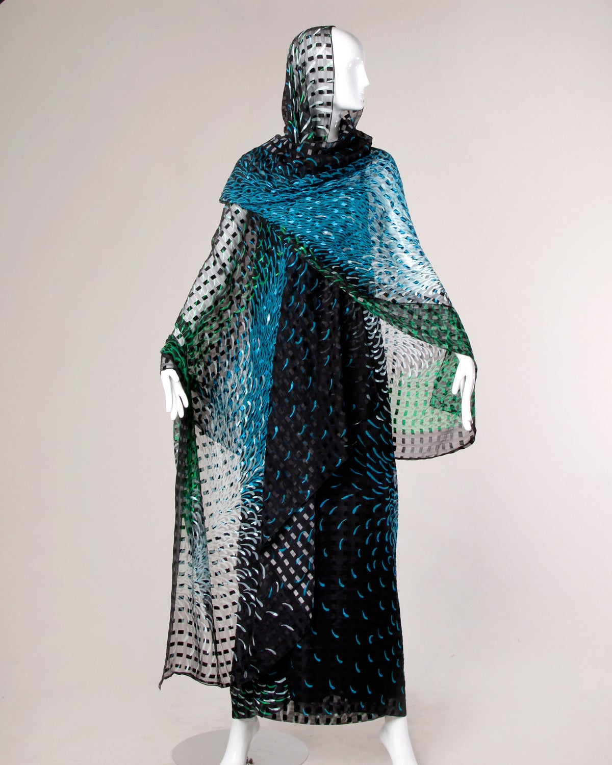 Pauline Trigere Vintage 1970s Silk Chiffon Print Maxi Dress + Wrap Ensemble 1
