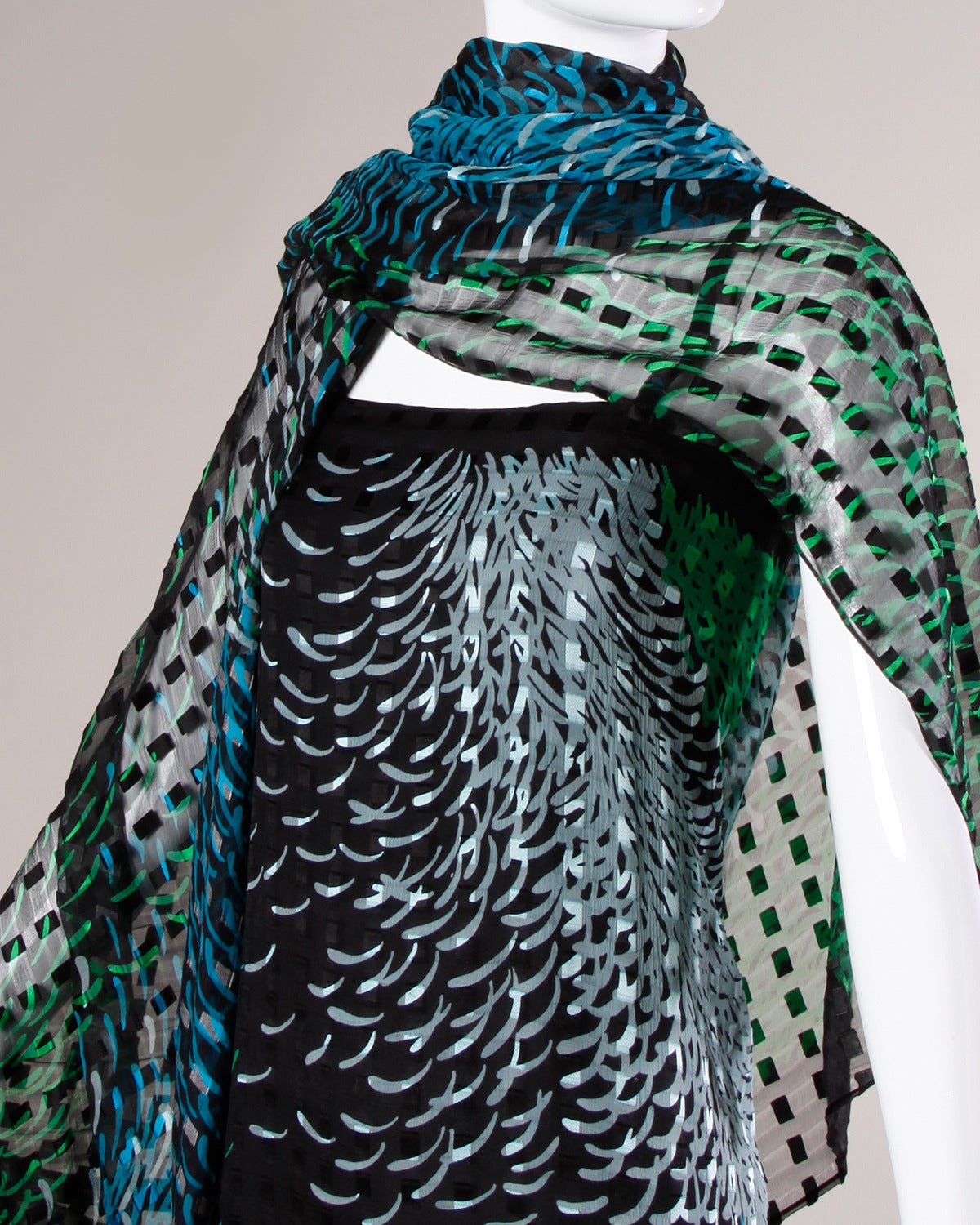 Pauline Trigere Vintage 1970s Silk Chiffon Print Maxi Dress + Wrap Ensemble 3
