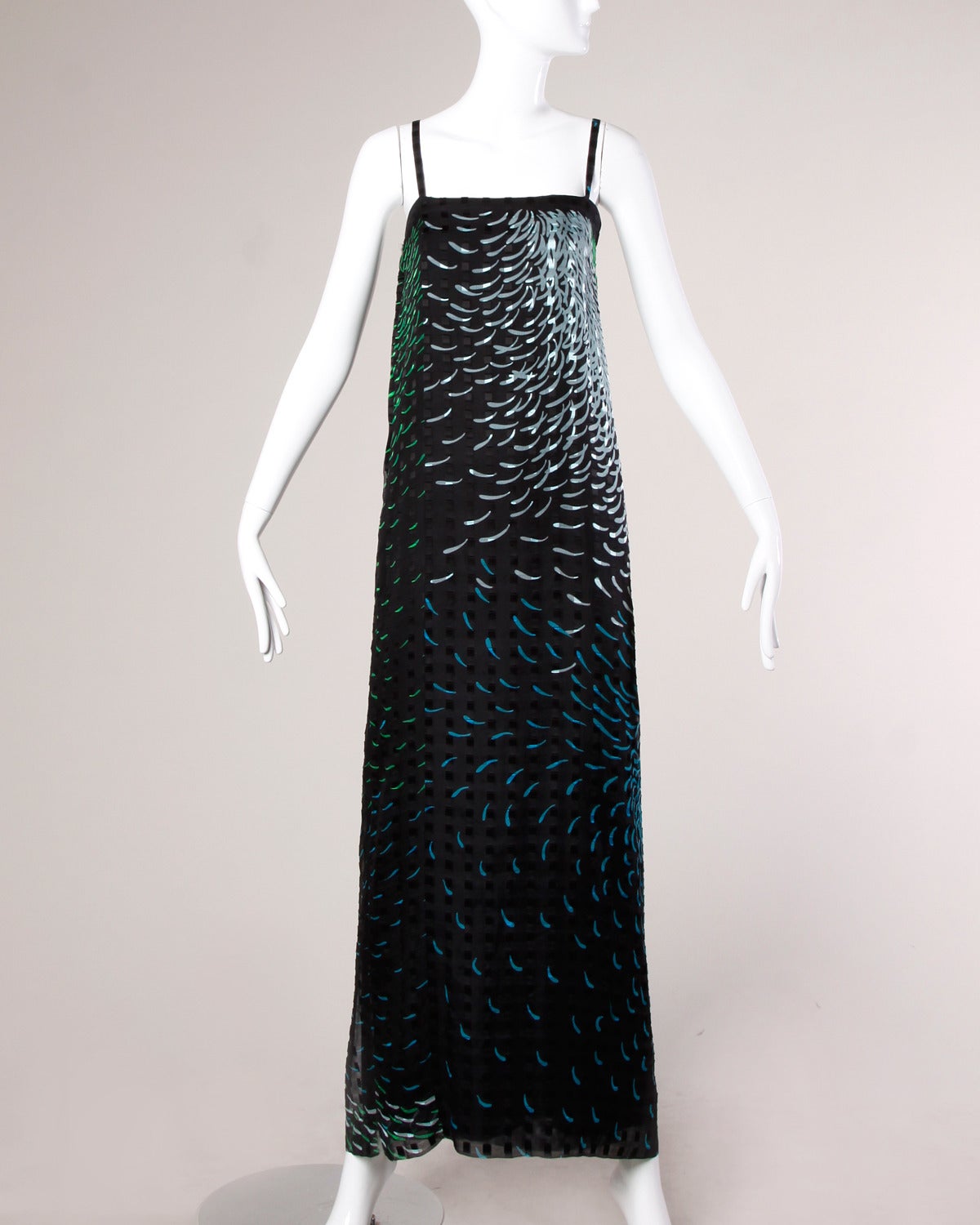 Black Pauline Trigere Vintage 1970s Silk Chiffon Print Maxi Dress + Wrap Ensemble