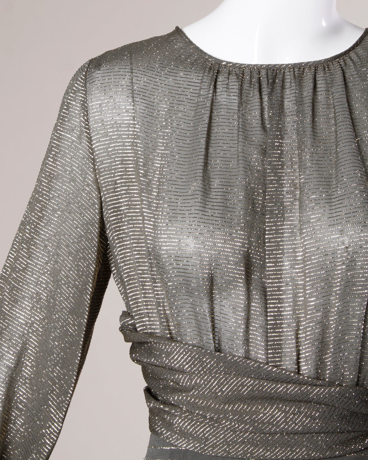 Women's Bill Blass Vintage 1970s Metallic Gold + Gray Silk Striped Dress