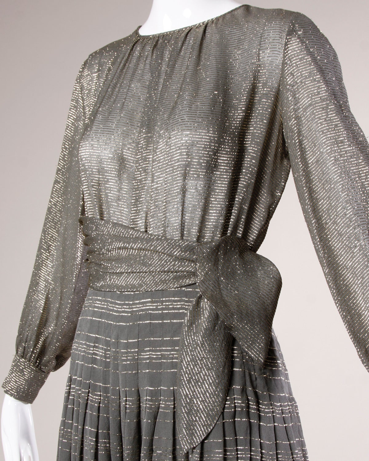 Bill Blass Vintage 1970s Metallic Gold + Gray Silk Striped Dress In Excellent Condition In Sparks, NV