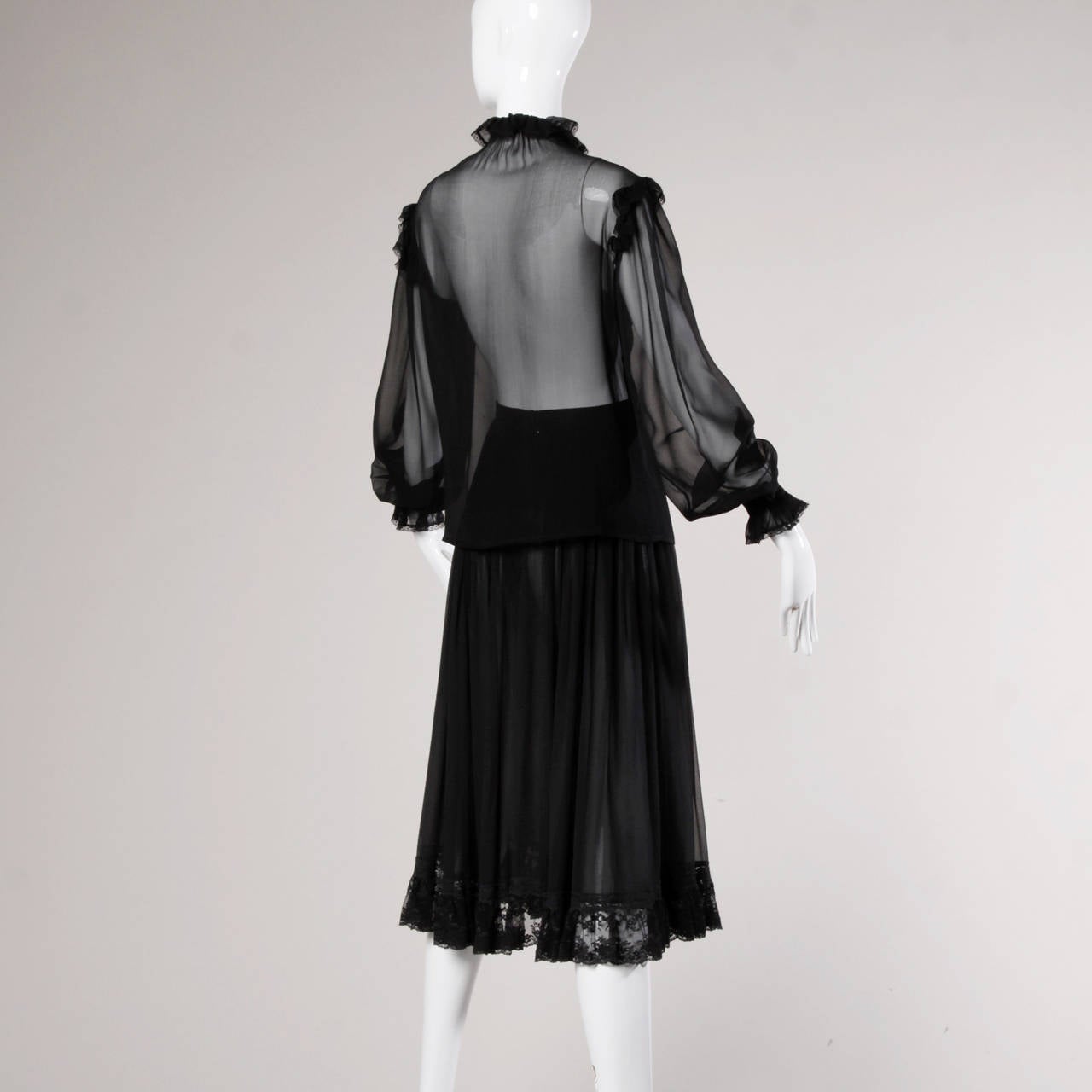 Oscar de la Renta Vintage 1970s Sheer Black Silk Blouse + Skirt Ensemble In Excellent Condition In Sparks, NV