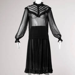 Oscar de la Renta Vintage 1970s Sheer Black Silk Blouse + Skirt Ensemble