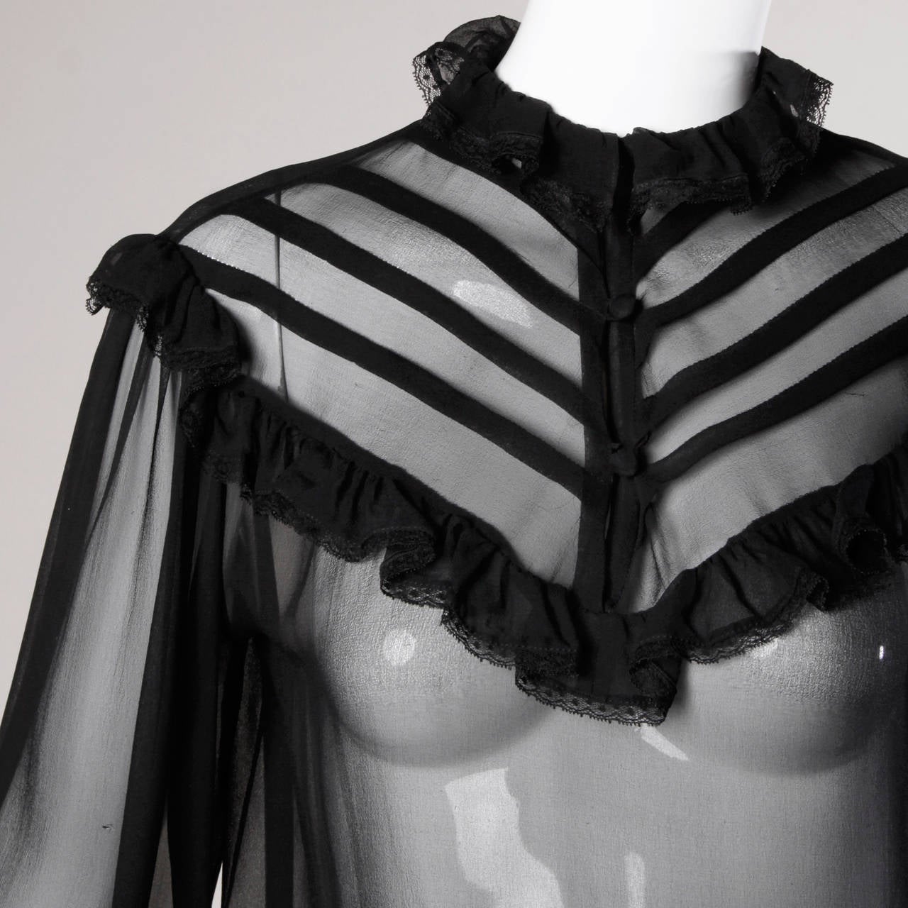 Oscar de la Renta Vintage 1970s Sheer Black Silk Blouse + Skirt Ensemble 1