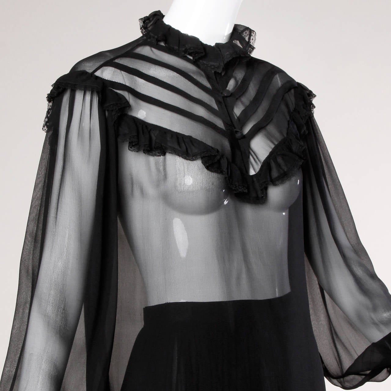 Oscar de la Renta Vintage 1970s Sheer Black Silk Blouse + Skirt Ensemble 3