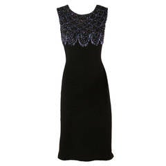 1960s Vintage Black Wool Knit Cocktail Dress with Iridescent Blue Beading