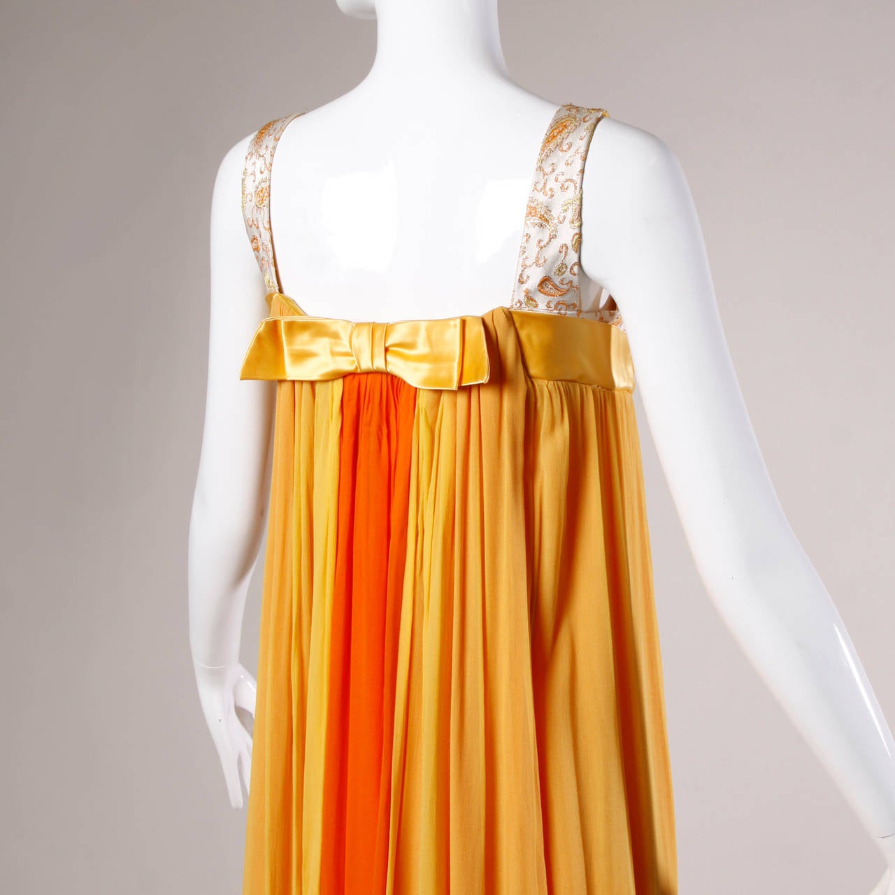 Orange 1960s Vintage Citrus Silk Chiffon Empire Maxi Dress with Color Block Train