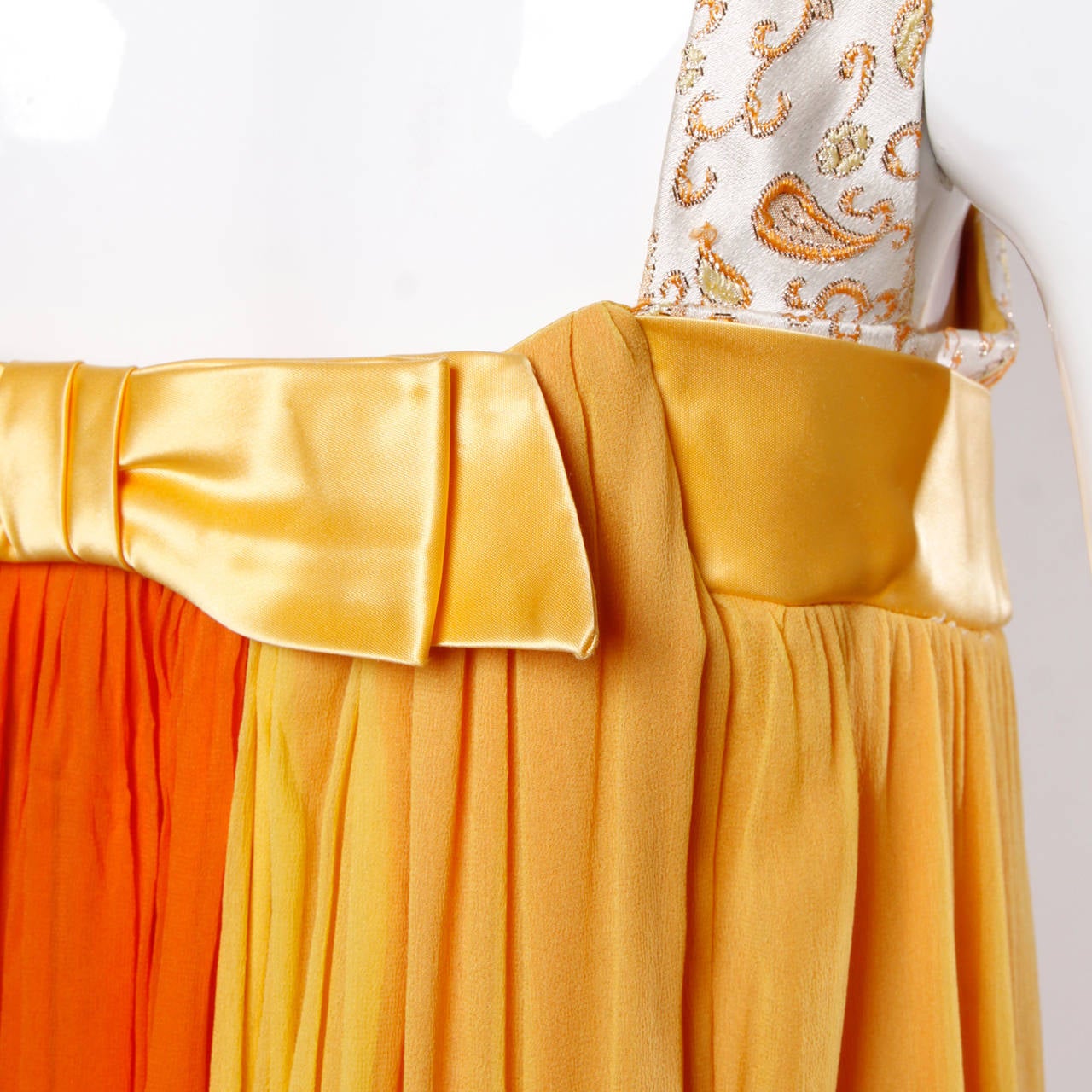 1960s Vintage Citrus Silk Chiffon Empire Maxi Dress with Color Block Train In Excellent Condition In Sparks, NV