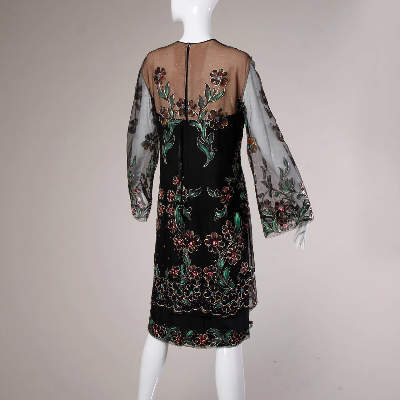 Travilla Vintage Metallic Hand Painted Flowers Nude Illusion Dress in vendita 3