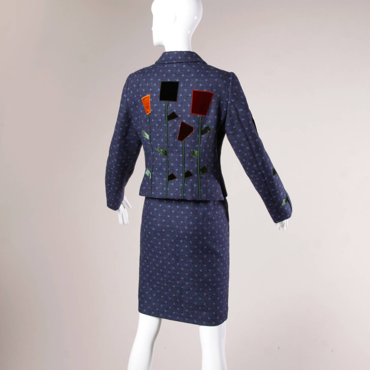 Moschino Vintage 90s Polka Dot Patchwork Skirt + Jacket Suit Ensemble