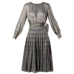Bill Blass Vintage 1970s Metallic Gold + Gray Silk Striped Dress