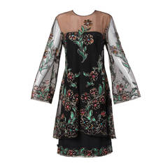 Travilla Vintage Metallic Hand Painted Flowers Nude Illusion Dress 12