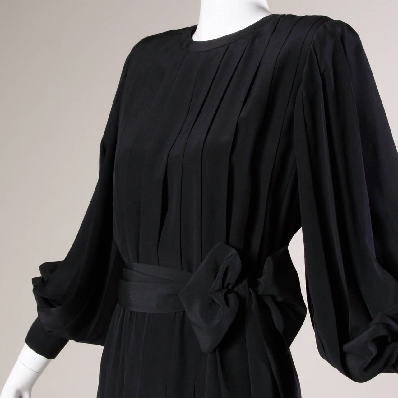 1980s Andre Laug Vintage Black Silk Dress with Matching Sash Belt For Sale 2