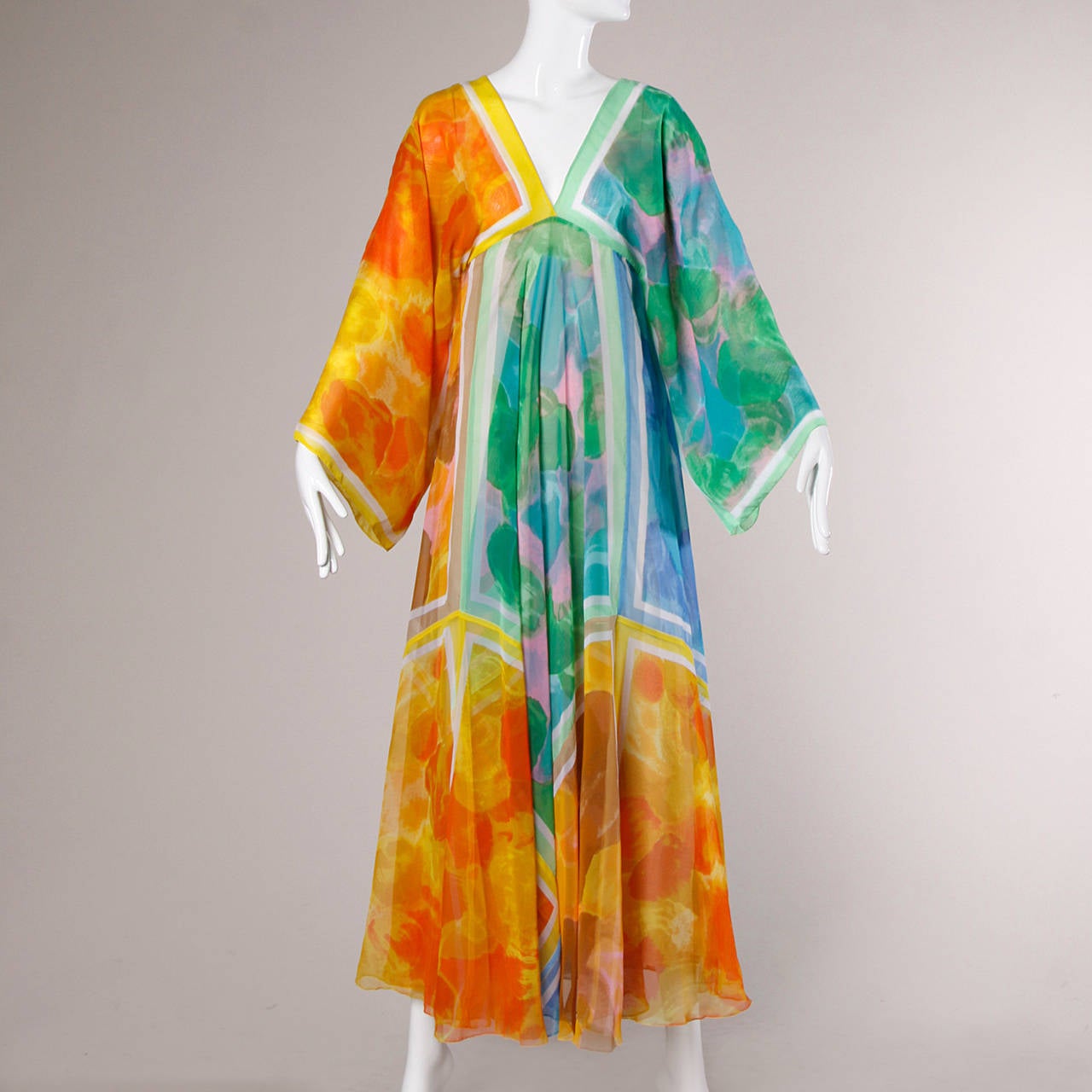 Orange La Vetta Vintage 1970s Full Sweep Chiffon Rainbow Print Maxi Dress