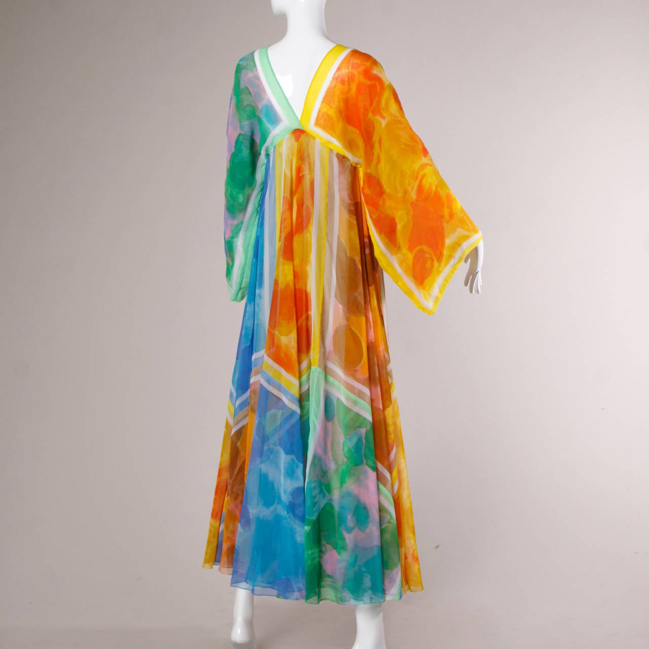 La Vetta Vintage 1970s Full Sweep Chiffon Rainbow Print Maxi Dress In Excellent Condition In Sparks, NV