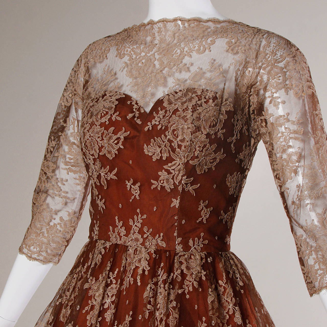 Dreamy 1950s Vintage Brown Tulle Chantilly Lace Cocktail Dress