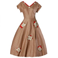Vintage 1950s Linen Seed-Beaded Patchwork Dress with a Full Sweep